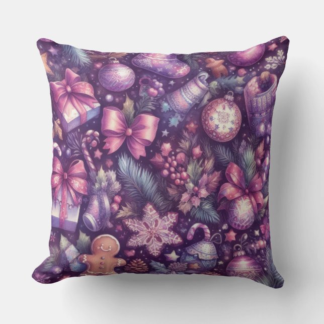 Watercolor Purple Christmas Motifs Holiday Cushion (Front)