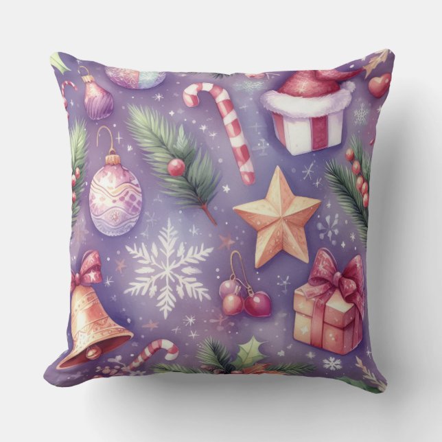 Watercolor Purple Christmas Motifs Holiday Cushion (Front)