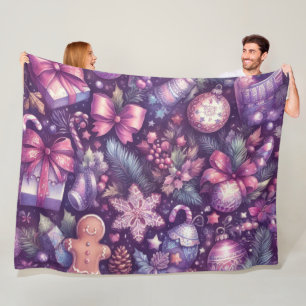 Watercolor Purple Christmas Motifs Holiday Fleece Blanket
