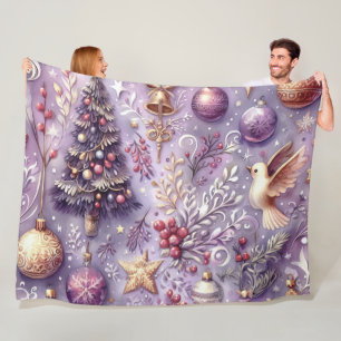 Watercolor Purple Christmas Motifs Holiday Fleece Blanket