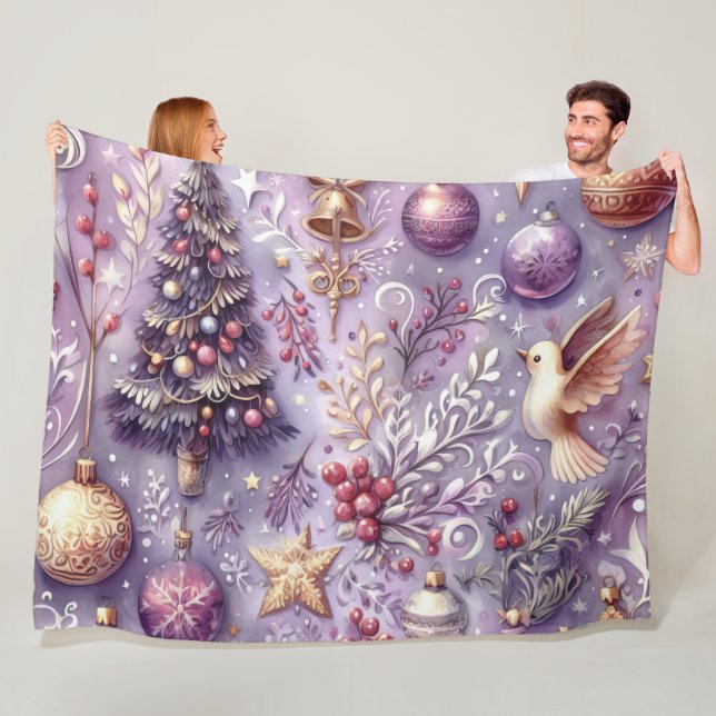Watercolor Purple Christmas Motifs Holiday Fleece Blanket (In Situ)