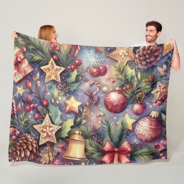 Watercolor Purple Christmas Motifs Holiday Fleece Blanket (In Situ)