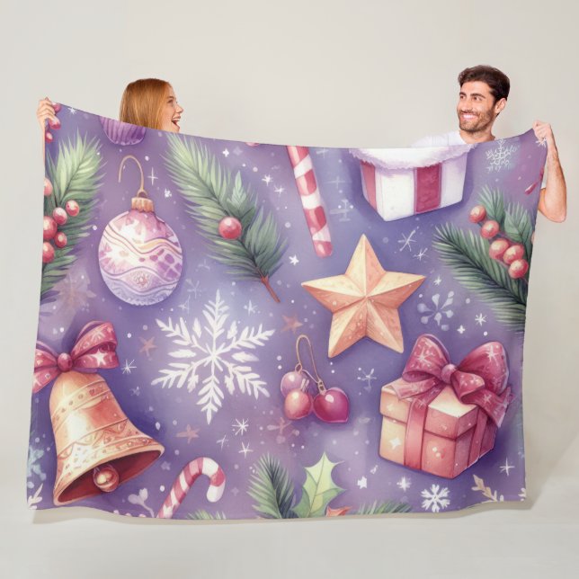 Watercolor Purple Christmas Motifs Holiday Fleece Blanket (In Situ)