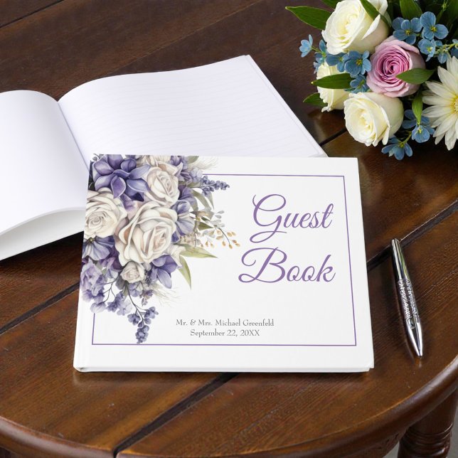 Watercolor Purple Cream Floral Wedding Guest Book (Creator Uploaded)
