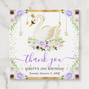 Watercolor Purple & Cream Flowers Swan Birthday Favour Tags