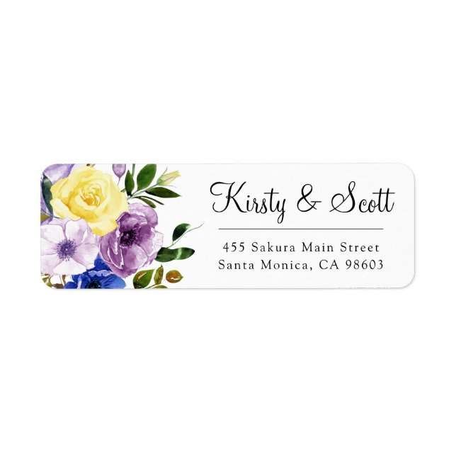 Watercolor Purple & Cream Flowers Wedding Address  (Front)