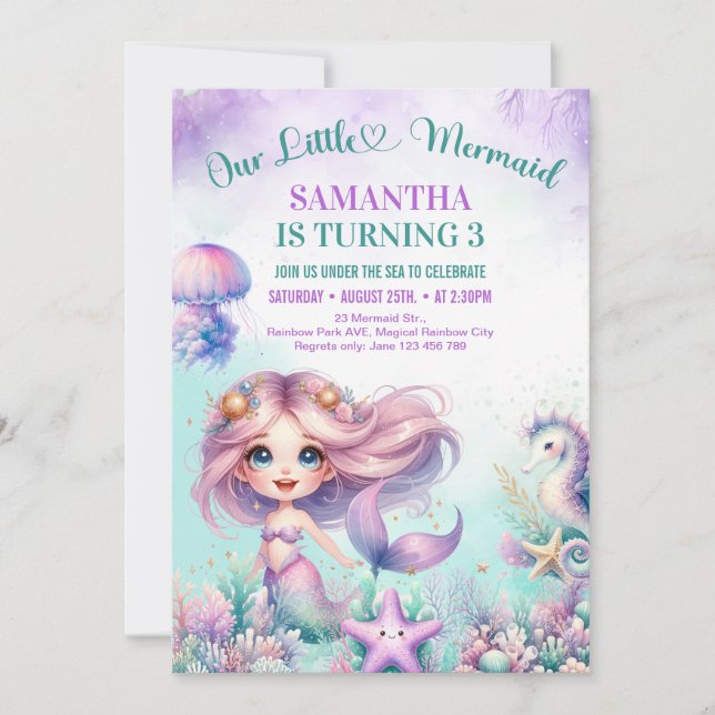 Watercolor purple cute mermaid 3rd birthday girl invitation (Front)