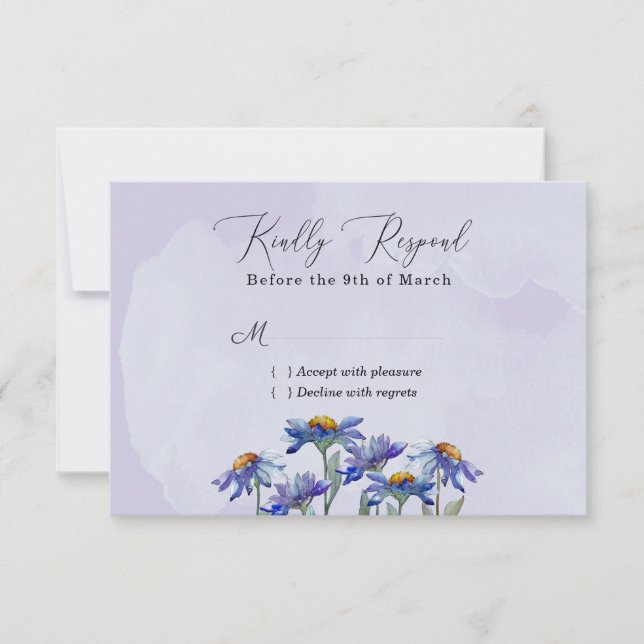 Watercolor Purple Daisy Modern Wedding / Event RSVP Card (Front)