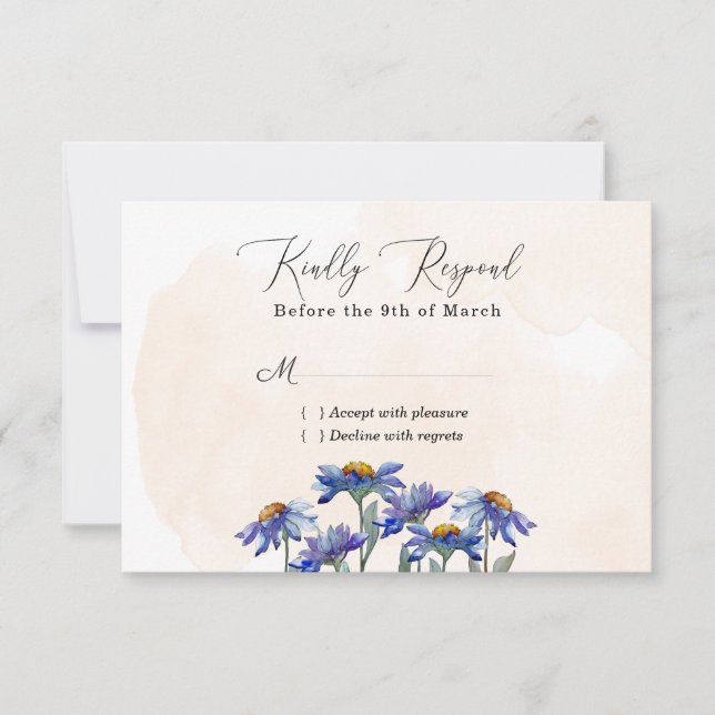 Watercolor Purple Daisy Peach Rustic Wedding RSVP Card (Front)