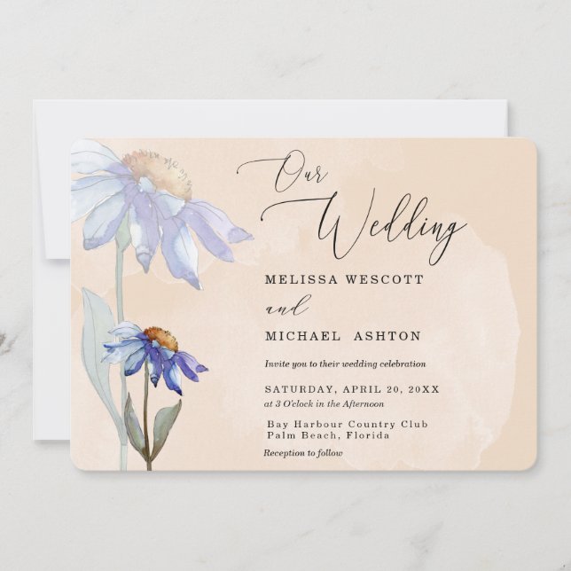 Watercolor Purple Daisy Rustic Wedding Peach Invitation (Front)