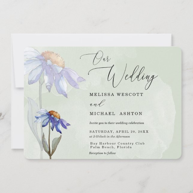 Watercolor Purple Daisy Rustic Wedding Sage Green Invitation (Front)