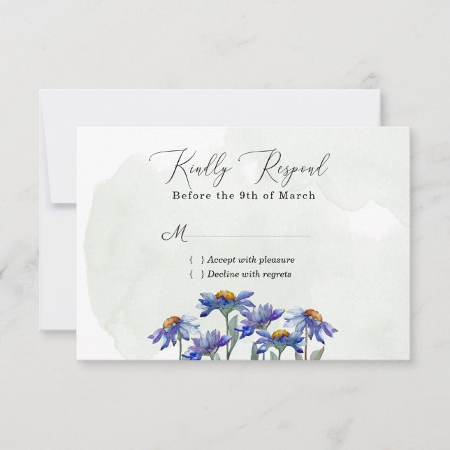 Watercolor Purple Daisy Sage Green Rustic Wedding RSVP Card (Front)