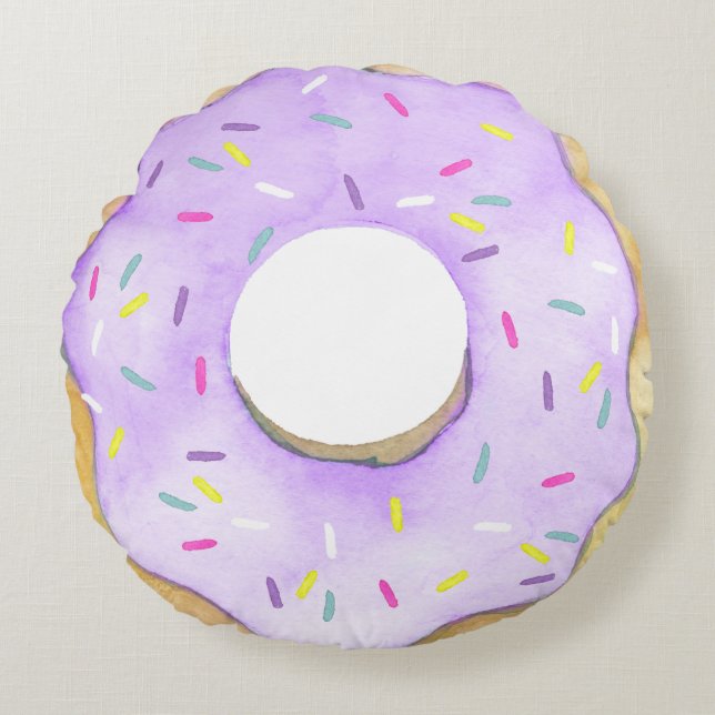 Watercolor Purple Donut Sprinkles Cute Doughnut Round Cushion (Front)