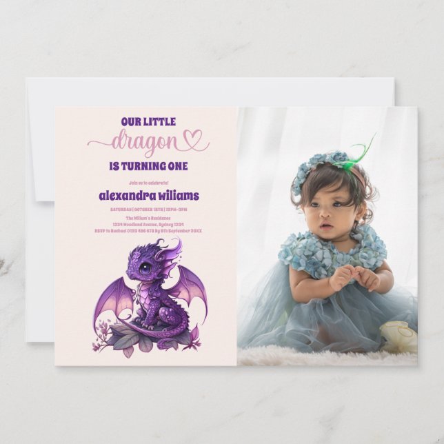 Watercolor Purple Dragon 1st Birthday Photo Invitation (Front)