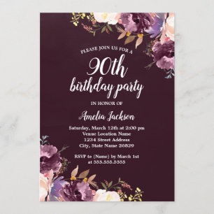 Watercolor Purple Floral 90th Birthday Party Invitation