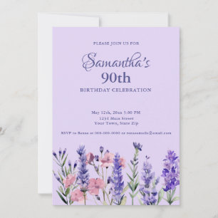 Watercolor Purple Floral 90th Birthday Party Invitation