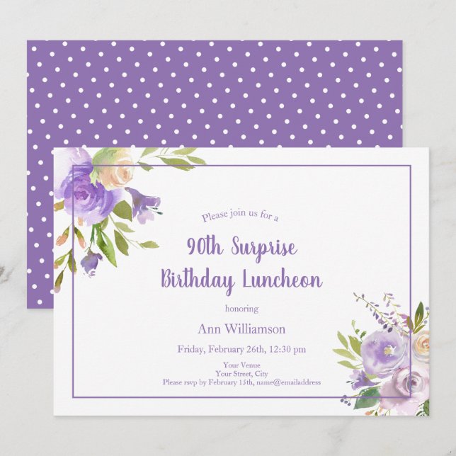 Watercolor Purple Floral 90th Surprise Birthday Invitation (Front/Back)