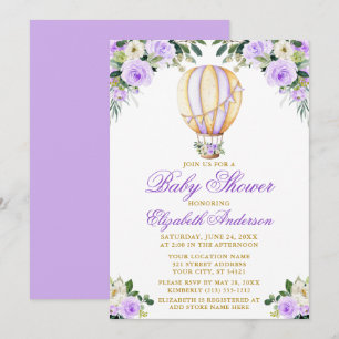 Watercolor Purple Floral Air Balloon Baby Shower Invitation