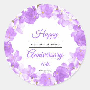 Watercolor Purple Floral Anniversary Wreath Classic Round Sticker