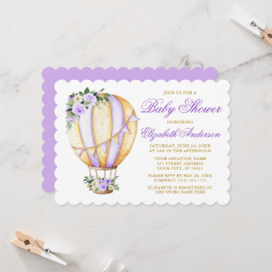 Watercolor Purple Floral Baby Shower Air Balloon Invitation
