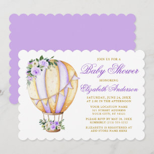 Watercolor Purple Floral Baby Shower Air Balloon Invitation