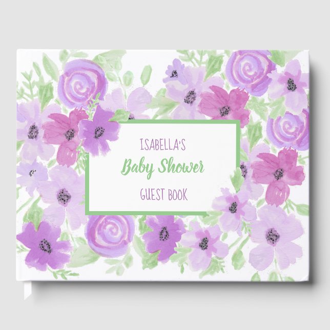 Watercolor Purple  Floral Baby Shower Guest Book (Front)