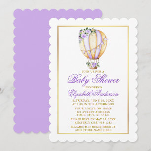 Watercolor Purple Floral Balloon Baby Shower Gold Invitation