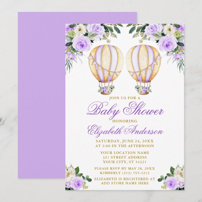 Watercolor Purple Floral Balloons Twin Baby Shower Invitation (Front/Back)