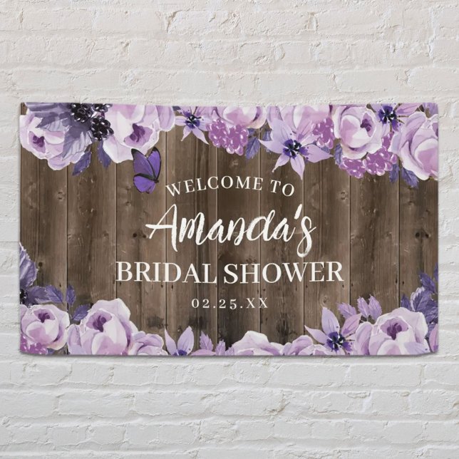 Watercolor Purple Floral Barn Wood Bridal Shower Banner (Creator Uploaded)