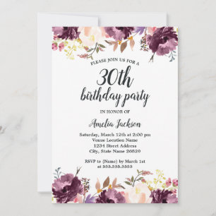 Watercolor Purple Floral Bloom 30th Birthday Party Invitation