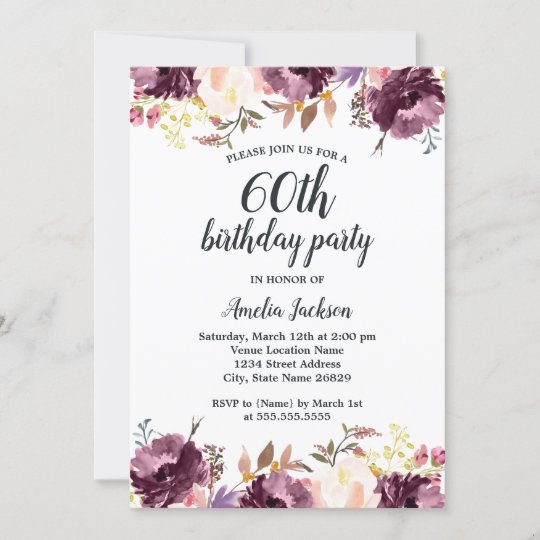 Watercolor Purple Floral Bloom 60th Birthday Party Invitation Zazzle Co Uk