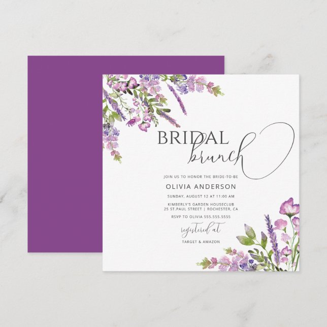 Watercolor Purple Floral Bridal Brunch Invitation (Front/Back)