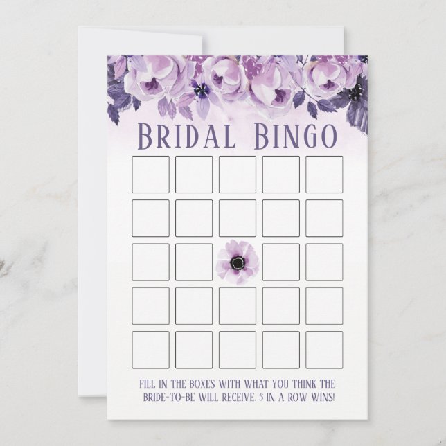 Watercolor Purple Floral Bridal Shower Bingo Invitation (Front)