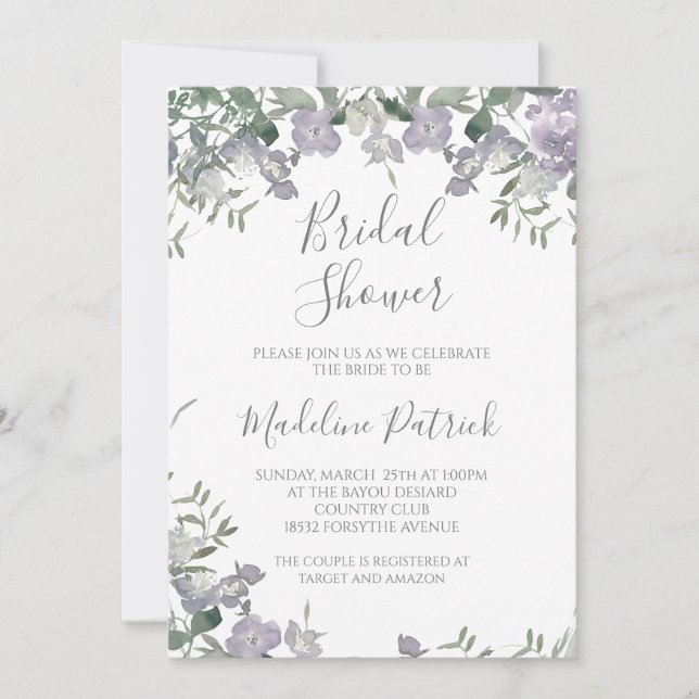 Watercolor Purple Floral Bridal Shower Invitation (Front)