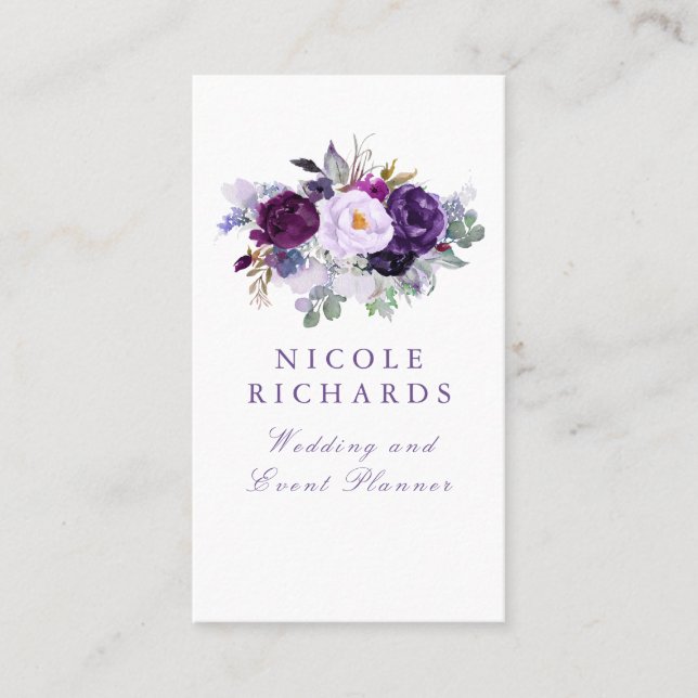 Watercolor Purple Floral Elegant Bohemian Business Card (Front)
