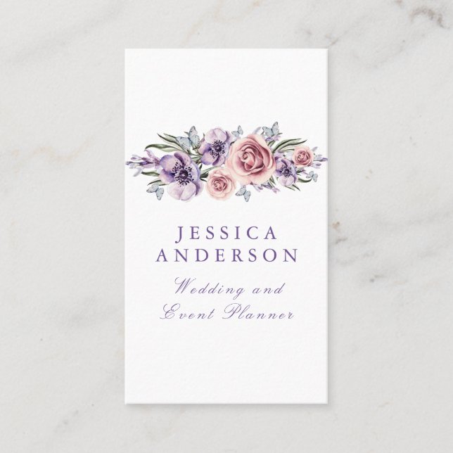Watercolor Purple Floral Elegant Bohemian Business Card (Front)