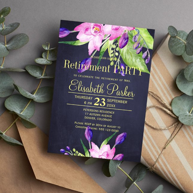 Watercolor purple floral elegant retirement party invitation (Creator Uploaded)
