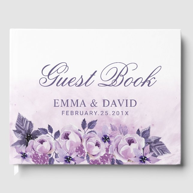 Watercolor Purple Floral Elegant Spring Wedding Guest Book (Front)