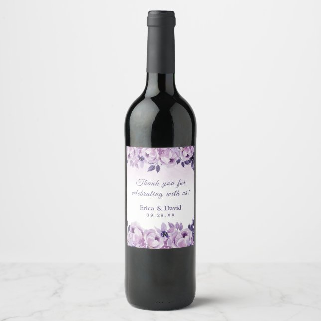 Watercolor Purple Floral Elegant Spring Wedding Wine Label (Front)
