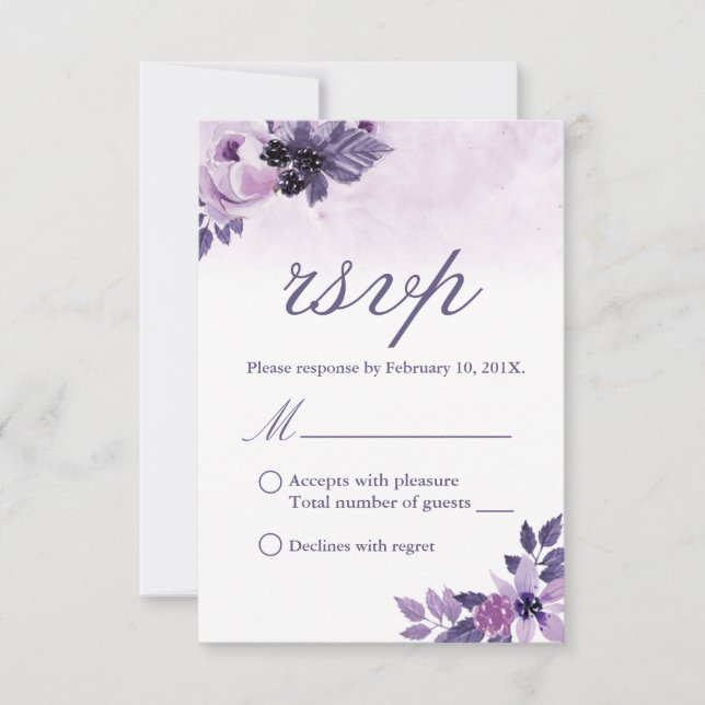 Watercolor Purple Floral Elegant Wedding RSVP (Front)