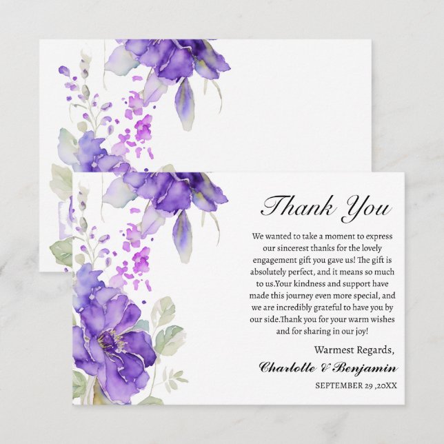 Watercolor Purple Floral Engagement Gift  Thank You Card (Front/Back)