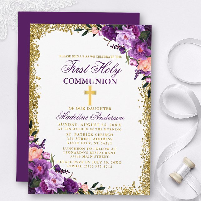 Watercolor Purple Floral First Communion Glitter Invitation (Customize to change text size, color, style or to change color of back of card.)