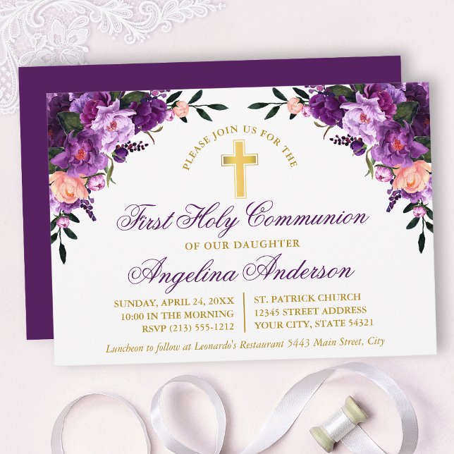Watercolor Purple Floral First Communion Gold Invitation (Customize to change text color, size, style or to change color of back of card.)