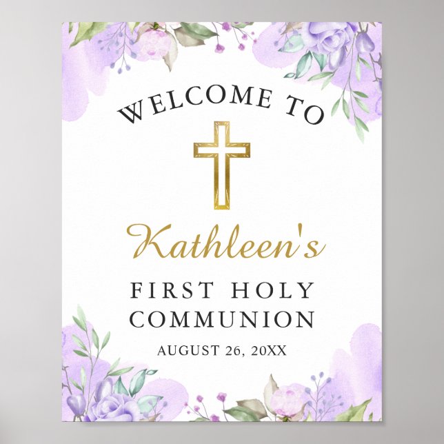 Watercolor Purple Floral First Communion Welcome Poster (Front)