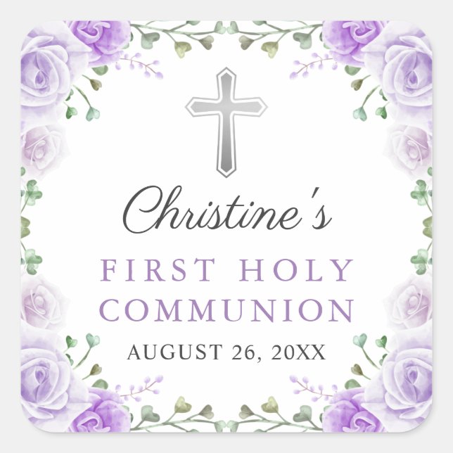 Watercolor Purple Floral First Holy Communion Square Sticker (Front)