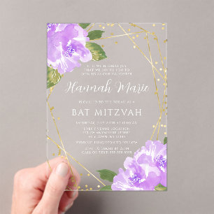 Watercolor Purple Floral Gold Bat Mitzvah Acrylic Invitations
