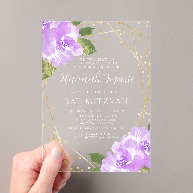 Watercolor Purple Floral Gold Bat Mitzvah Acrylic Invitations (Insitu (Handheld))
