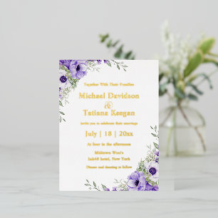 watercolor purple floral gold calligraphy wedding foil invitation postcard