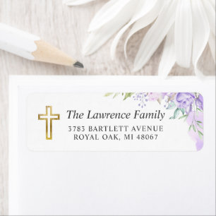 Watercolor Purple Floral Gold Cross Return Address