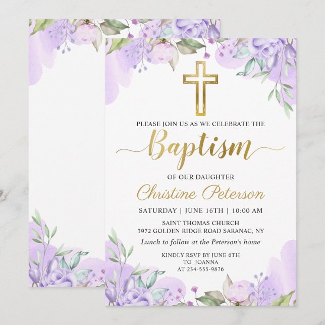 Watercolor Purple Floral Gold Script Girl Baptism Invitation (Front/Back)